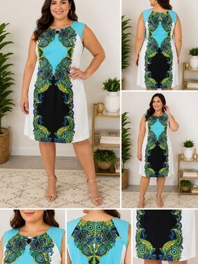 Signature by Robbie Bee Blue White Paisley Shift Dress Plus Size 20W Cotton